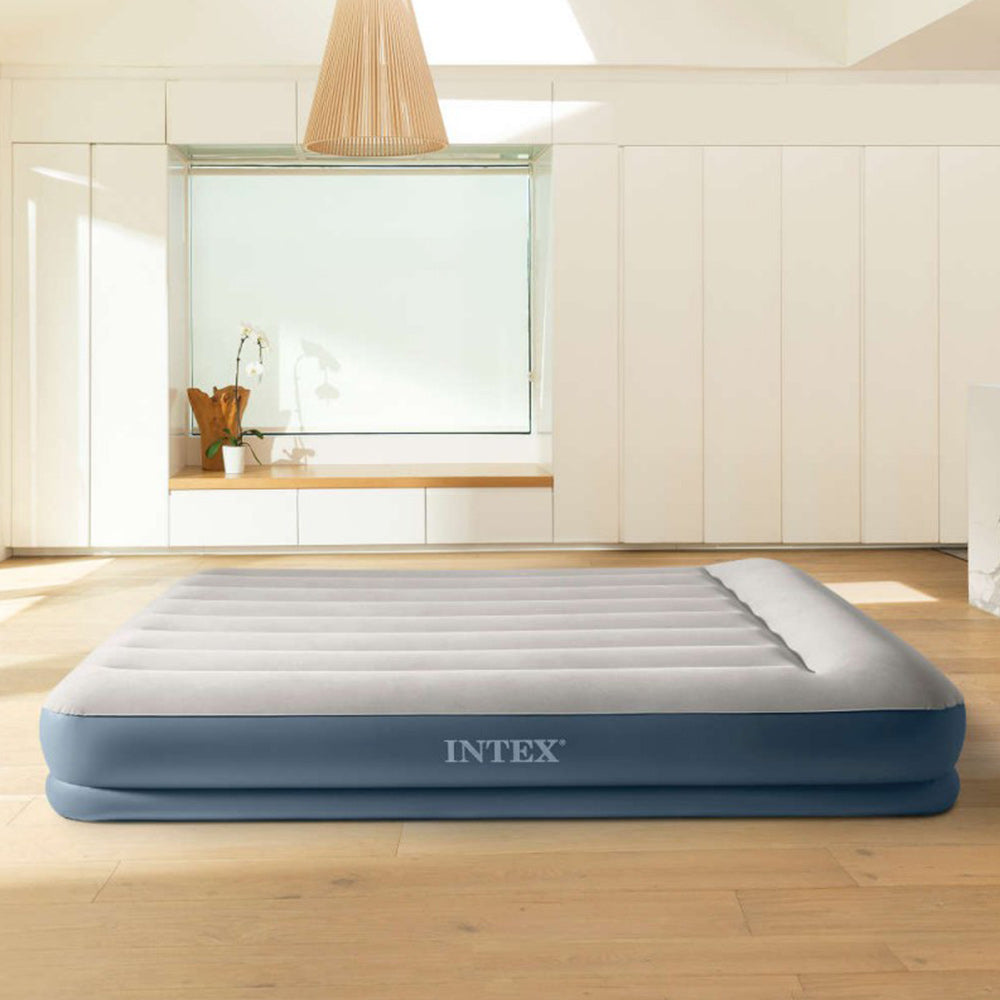 Intex Air Bed (60" x 80" x 12") Queen Size Pillow Rest Mid-Rise Dura Beam Standard With Fiber-Tech™️Technology Bulit-in Electric Pump