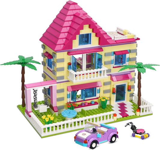 Girls Friends House Building Kit, Big Villa Building Blocks City Family Beach House Model Toy Set Apartment Room Playset with 4 Mini People for Girls Kids Aged 8 and Up, 892 PCS